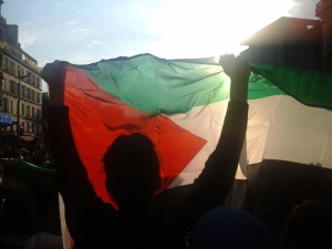 A demonstrator raises the Palestinian flag during a July 2014 rally in Paris against the Israeli attack on Gaza. (C) AWC/Bernard J. Henry