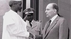 Hissène Habré, then President of Chad, and his French counterpart François Mitterrand on the doorsteps of the Elysée Palace in Paris, France on October 21, 1989. Habré was then an African head of state to be reckoned with; now he is a suspect in the dock of an African court and can no longer run away from his deeds. (C) Reuters/Christine Grunnet